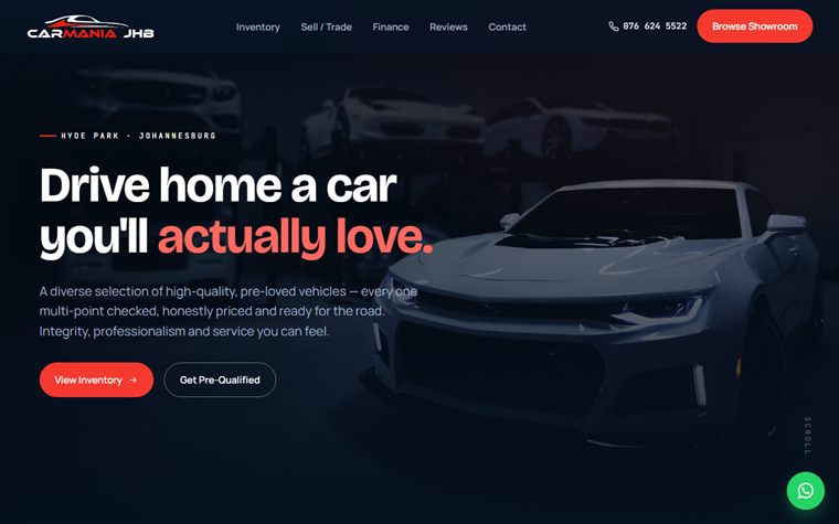 Car Mania JHB pre-owned car dealership website mockup — Hyde Park, Johannesburg