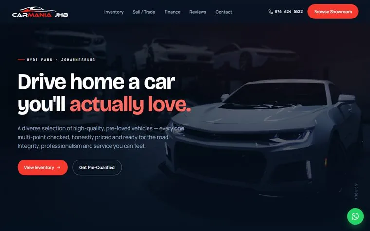 Car Mania JHB pre-owned car dealership website mockup — Hyde Park, Johannesburg