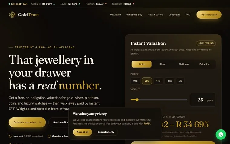 Covino Gold precious-metals buyer website prototype — dark theme with gold accents, instant valuation calculator on the right