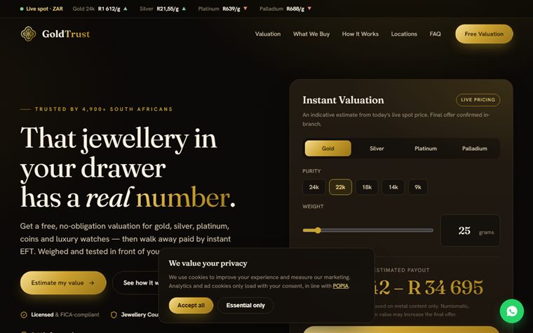 GoldTrust precious-metals buyer website mockup — dark theme with gold accents, instant valuation calculator on the right