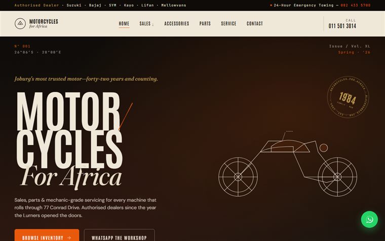 Motorcycles for Africa editorial website mockup