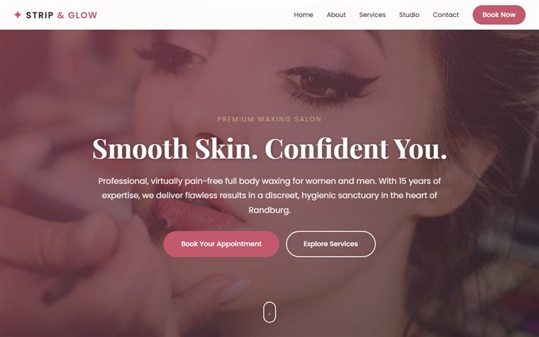 Strip and Glow boutique salon website mockup