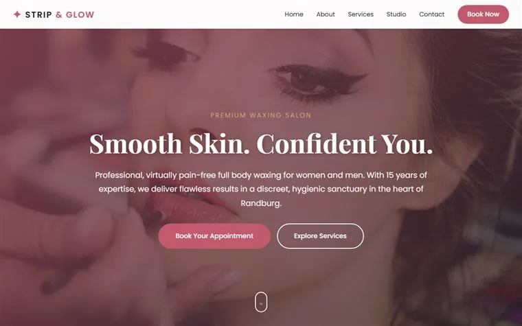 Strip and Glow boutique salon website mockup