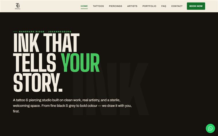 The Tattoo Gallery tattoo and piercing studio website — Randpark Ridge, Johannesburg
